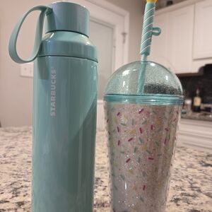 Starbucks Teal Water Bottle and Glitter Cup Set